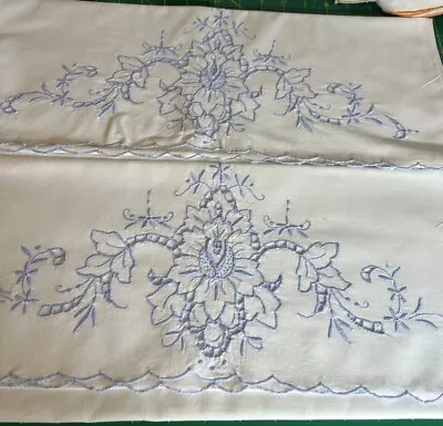 Vintage Pair Madeira Embroidered Pillowcases  Blue Roses And Open Work • $32.95