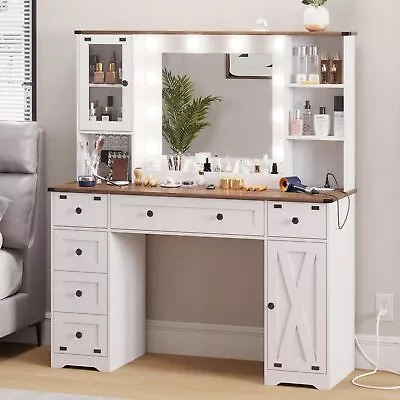 Farmhouse Makeup Vanity Desk With Mirror And Lights Large Vanity Dressing Table • $259.99