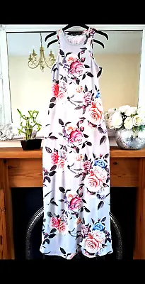 Boohoo Grey Floral Bodycon Holiday Racer Back  Maxi Dress Uk 12 Immaculate • £5.99