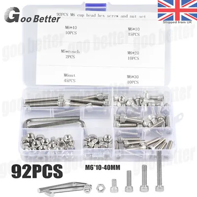 92Pcs M6 Stainless Steel Socket Cap Head Screws Allen Bolts Nuts Assortment Set • £9.25