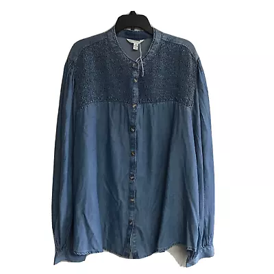 Time And Tru Women Blue Smock Button Down Long Sleeve Shirt XL Mandarin Collar • $19