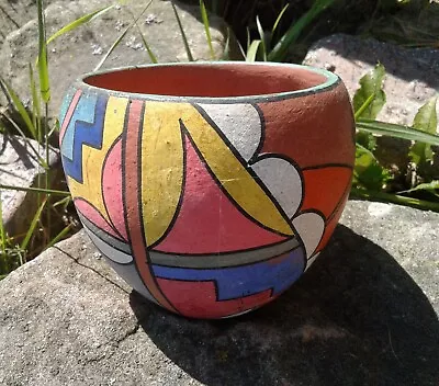 Vintage Indian Clay Pottery Bowl Bright Hand Painted Colors • $17