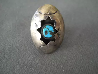 Native American Navajo Morenci Turquoise Sterling Silver Shadowbox Stamped Ring • $60