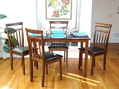 5 Psc Dining Kitchen Set Rectangular Table 4 Warm Chairs Breakfast Medium Brown • $279.99