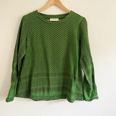 Cecilia Copenhagen Small Green A Line Cotton Blouse Top Long Sleeve Geometric • $49.90