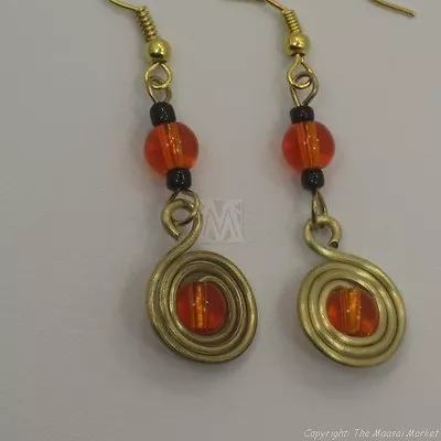 Maasai Market African Kenya Jewelry Brass Swirl Color Bead Earrings 651-73 • $8.99