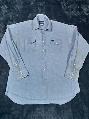 Wrangler Indigo Western Denim Pearl Snap Shirt Mens XL Blue Workwear (Heavy Use) • $9