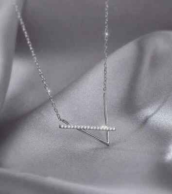 $9.99 • Buy V-Shape Strick Silver Pave Cubic Zirconia Pendant Chain Necklace