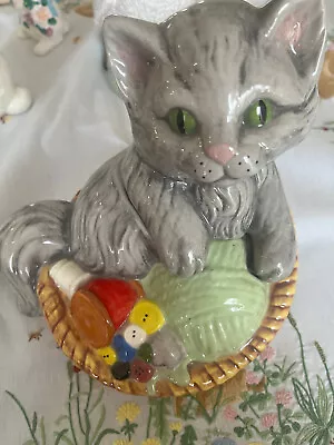 Vintage Ceramic Grey Sitting Cat In Basket Figurine W/Buttons And Wool • $59