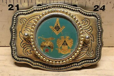 Vintage Freemason Brass Belt Buckle With Three Masonic Symbols • $14.99