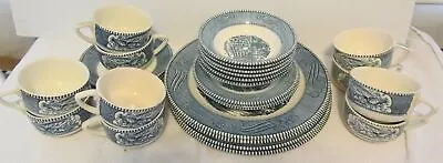 Vintage Royal China Blue Currier & Ives 27 Piece Dinnerware Set Plates Bowls Cup • $29.99