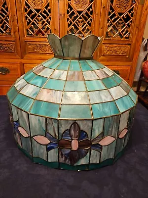 Vtg Stained Glass Tiffany Style Hanging Light Fixture Large Floral Greens/Pink • $320