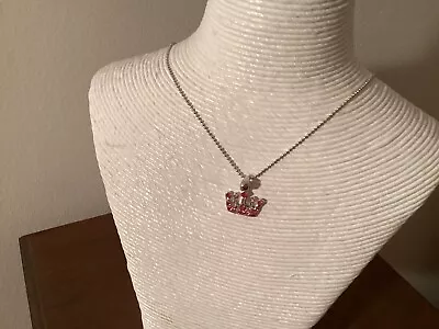 Cookie Lee Silver Tone Necklace With Hot Pink Sparkling Rhinestone Crown • $7.99
