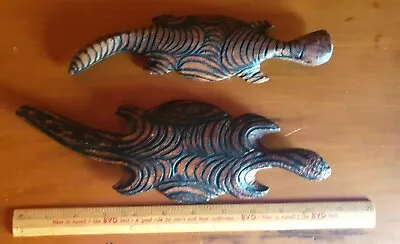 TWO (2) Vintage AUSTRALIAN ABORIGINAL Carved Timber LIZARDS GOANNA WIRE BURN ART • $48