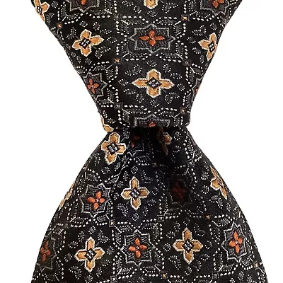 ERMENEGILDO ZEGNA Men's Silk XL Necktie ITALY Luxury Geometric Black/Peach EUC • $41.99