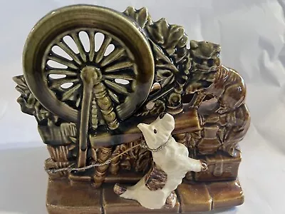 Vintage 1950s McCoy Spinning Wheel With Scottie Dog & Cat Art Pottery Planter • $24