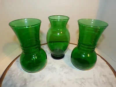 Lot Of 3 Vintage Anchor Hocking Forest Green Ringed Glass Vases • $16