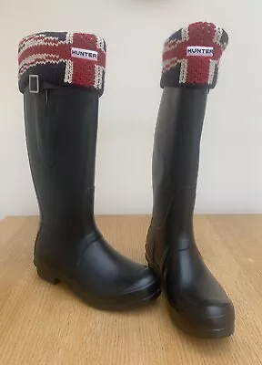 HUNTER Original Tall Adjustable Wellies Black Size 4 + Fleece Socks Union Jack • £35