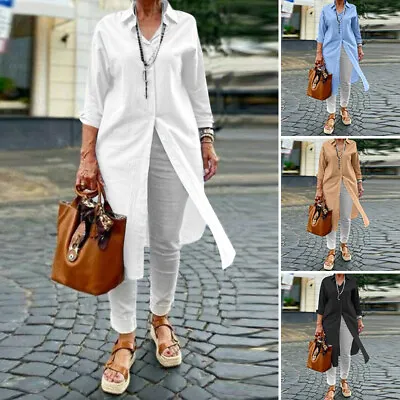 Women Formal V-Neck Loose Long Top Solid Shirt Dress Ladies Baggy Caftan Blouse • £6.99