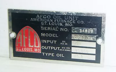 Vintage AFCO OIL UNIT American Furnace Co. Appliance Badge • $42