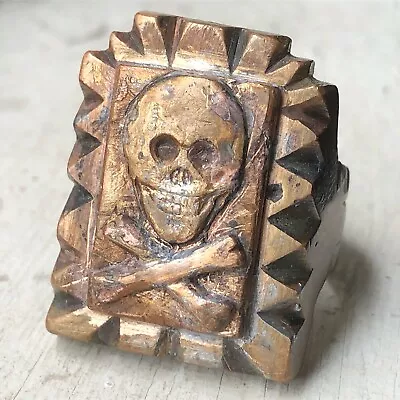 50s  Mexican Biker Grining Skull Ring Mexico Signet Mens Brass WW2 Memento Mori • $650