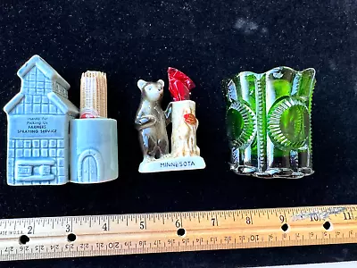 Nice Vintage 3 Pc Lot Toothpick Holders Japan Bone China*Green Glass*MN Souvenir • $14.95