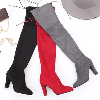 Women Thigh High Boots Ladies Over The Knee Stretchy Block Mid Heel Party Size • $37.97