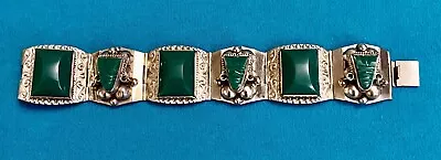 VTG Mexican Bracelet TAXCO 925 Sterling Silver Jade Green Onyx Mayan Mask 7  • $49.95