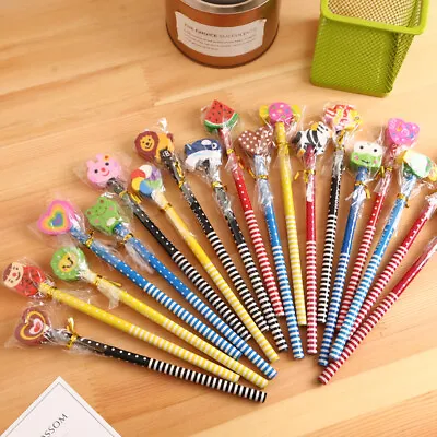 12 Cute Animal Pencils With Cartoon Rubber Children Bday Party Bag Filler Cheap • £3.99