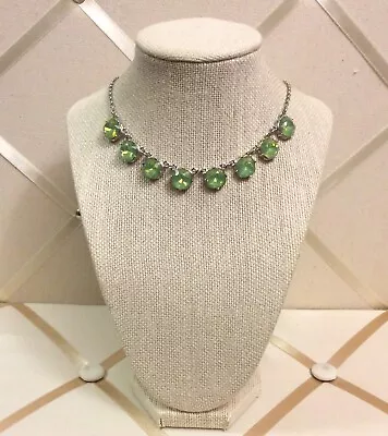 Faceted Glass Cloudy Mint Green Pronged Large Rhinestone Silver Tone Necklace • $6.50