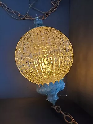 Vintage UL 70s Hollywood Regancy Globe Hanging Light Fixture With Brass 20  Tall • $275