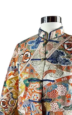 Vintage Handmade Colorful Metallic Japanese Brocade Kimono Jacket Small • $55