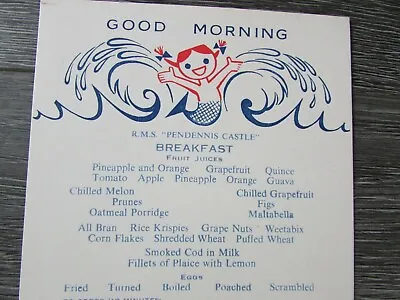 RMS Pendennis Castle Union Castle Line 1962 On Board Cruise Breakfast Menu • £14.99