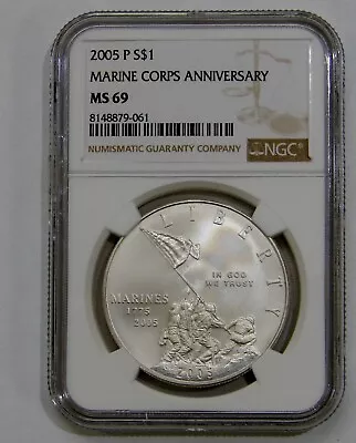 2005 P Marine Corps Commemorative Silver Dollar - NGC MS 69 • $56