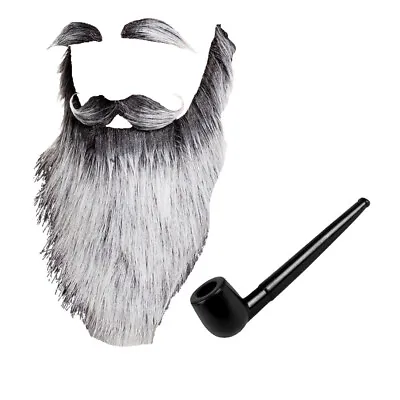 Adult Old Man Grandad Grey Beard Mustache Eyebrows & Fake Pipe Fancy Dress Set • £12.95