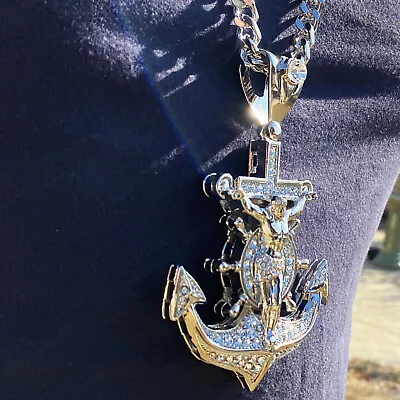 Mens Huge Large Mariners Cross Jesus Anchor Cuban Hip Hop Chain Silver Tone 30  • $29.95