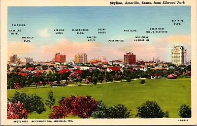 CA-143 TZ Amarillo Skyline From Ellwood Park Linen Postcard Buildings Ident • $6.50