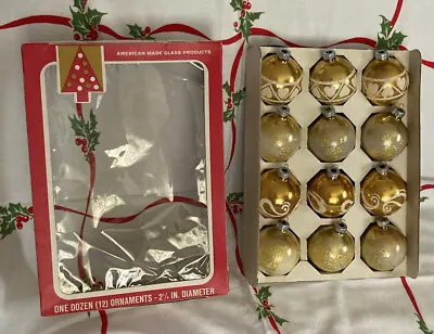 VINTAGE Box Of 12 COBY Gold Mica Glass Christmas Ornaments 2.25  Made In USA • $22