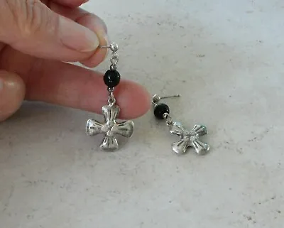 Maltese Cross Sterling Silver Earrings With Black Beads Pierced Vintage • $9.99