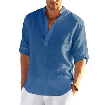 Mens Solid Linen Beach Shirts Cotton Casual Loose Long Sleeve Shirt Blouse Tops • £11.09