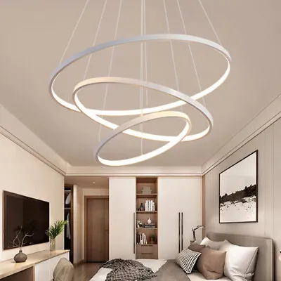 Modern 2/3 Ring Chandelier LED Ceiling Light White/Dimmable Pendant Hanging Lamp • £79.95