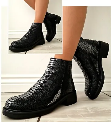 £17.99 • Buy Ladies Black / Mock Croc Back Zip Fastening Flat Low Heel Ankle Boots Shoes 3-8