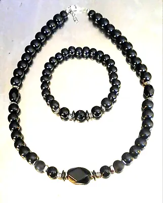 Men's Protection Necklace And Bracelet Set Black Onyx Wood And Hematite Stone • $12.99