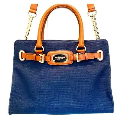 Michael Kors~Larger~Hamilton~Navy Blue~Canvas~Caramel Leather~Shoulder~Handbag! • $89.99