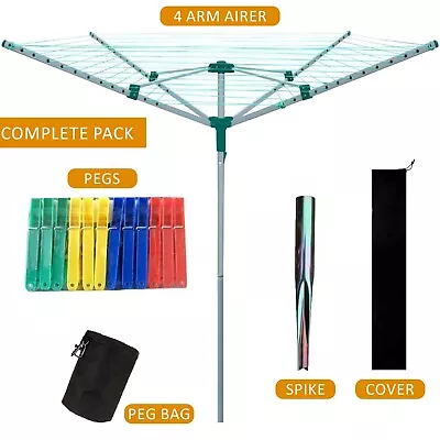 Rotary Airer 50m Outdoor 4 Arm Clothes Washing Line Dryer Ground Spike & Cover • £26.85