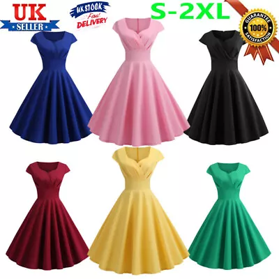 UK Women Retro Party Dress 50-60s Rockabilly Dress Swing Petticoat Skater Dress • £14.72