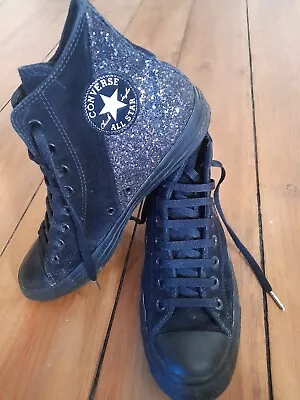 Black Converse All Star High Tops Trainers Sneakers Boots Size 7 Suede Glitter  • £40