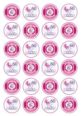 24 60th Birthday Pink Fab Cupcake Fairy Cake Toppers Edible Rice Wafer Paper  • £2.99