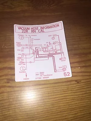 $16 • Buy 1985 1987 22R Toyota Pickup/4runner Truck Vacuum Diagram Decal Repro Sticker #52