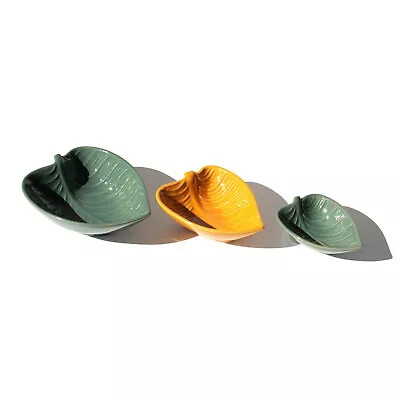 Set Of 3 Ceramic Leaf Shaped Snack Bowls Small Food Olive Nut Sauce Dip Dishes • £15